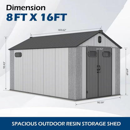 8x16Ft Resin Outdoor Storage Shed with Carpet – Weatherproof, Gray