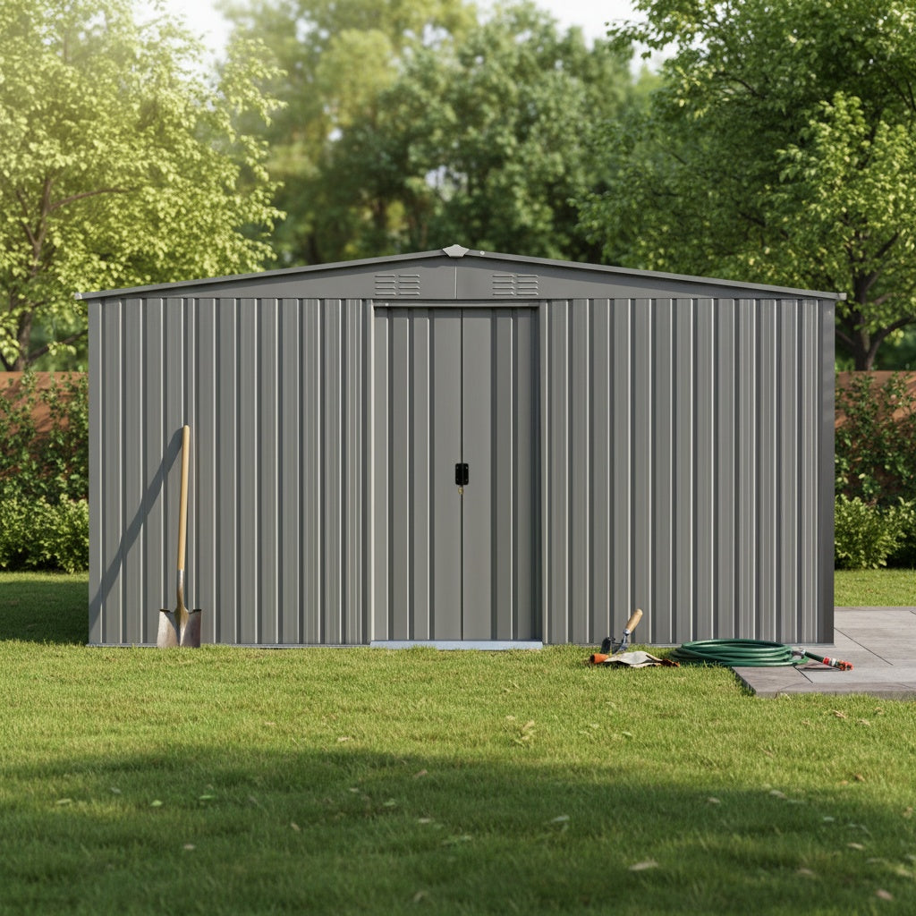 13x11ft Metal Outdoor Storage Shed with Ventilation - Grey