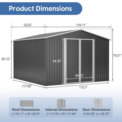 10x10 FT Metal Outdoor Storage Shed with Lockable Double Doors - Black