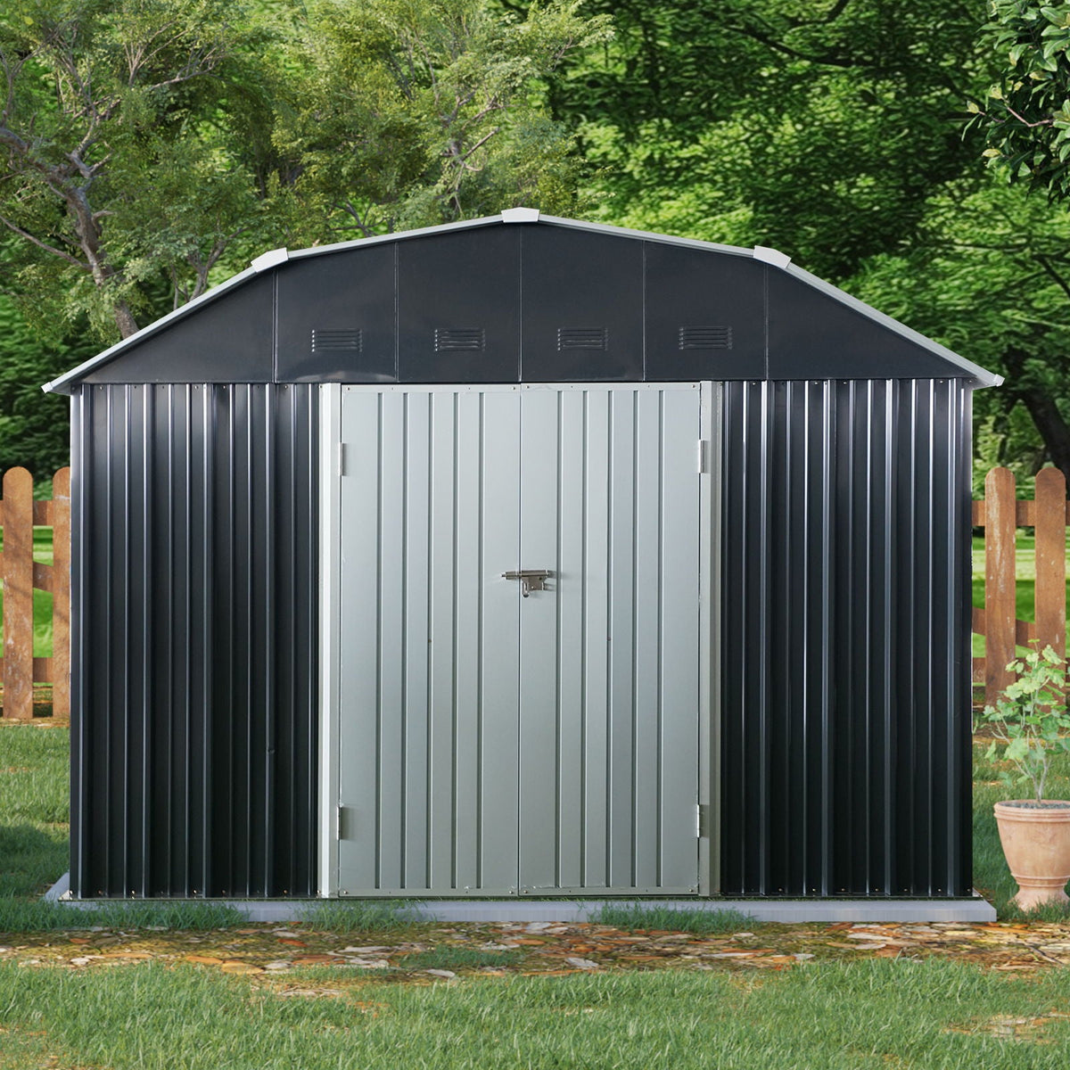 Outdoor Metal Storage Shed with Lockable Doors - Black