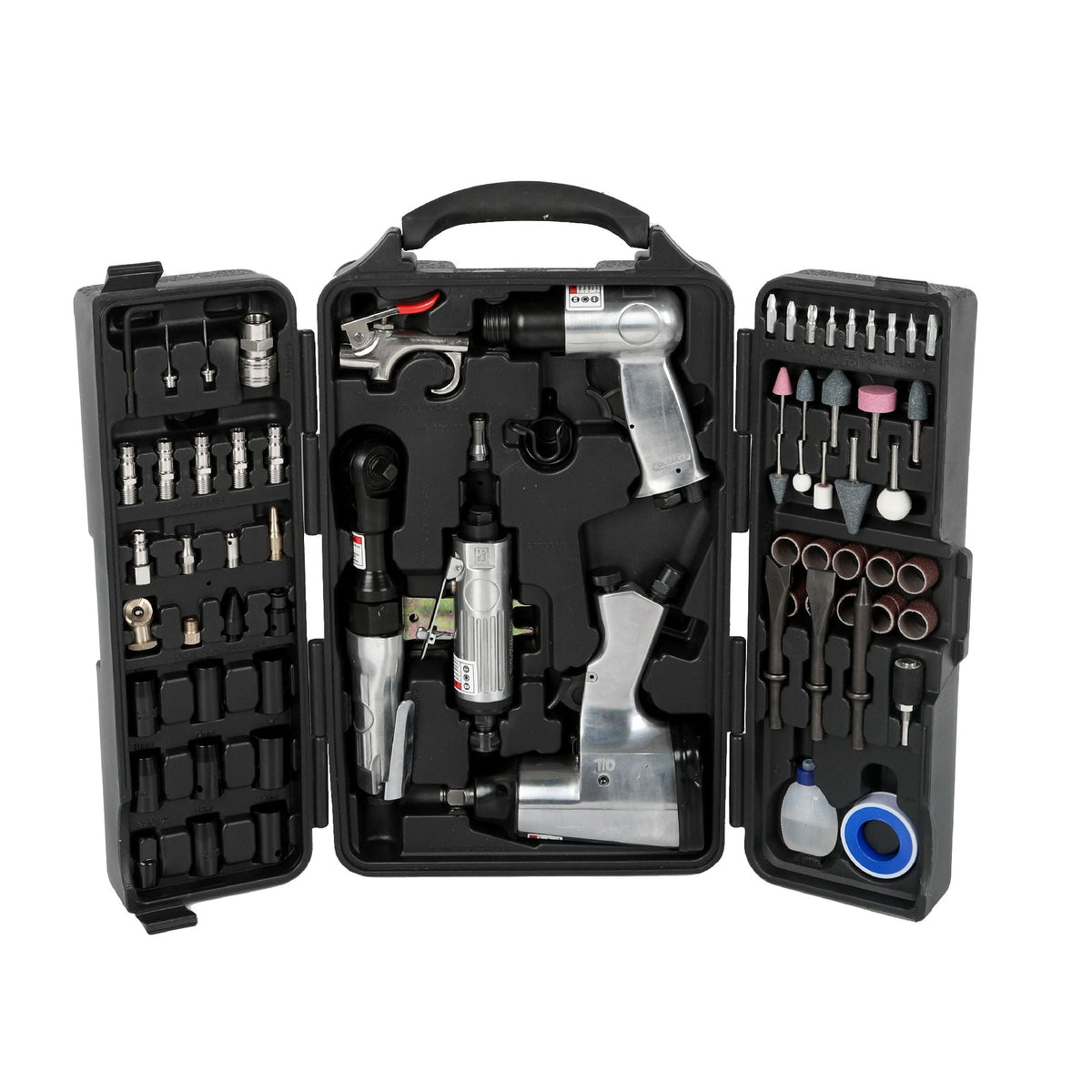 71 Piece Air Tool Kit with Impact Wrench, Ratchet & Grinder - Black and Silver