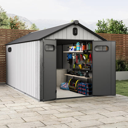 8x16Ft Resin Outdoor Storage Shed with Carpet – Weatherproof, Gray