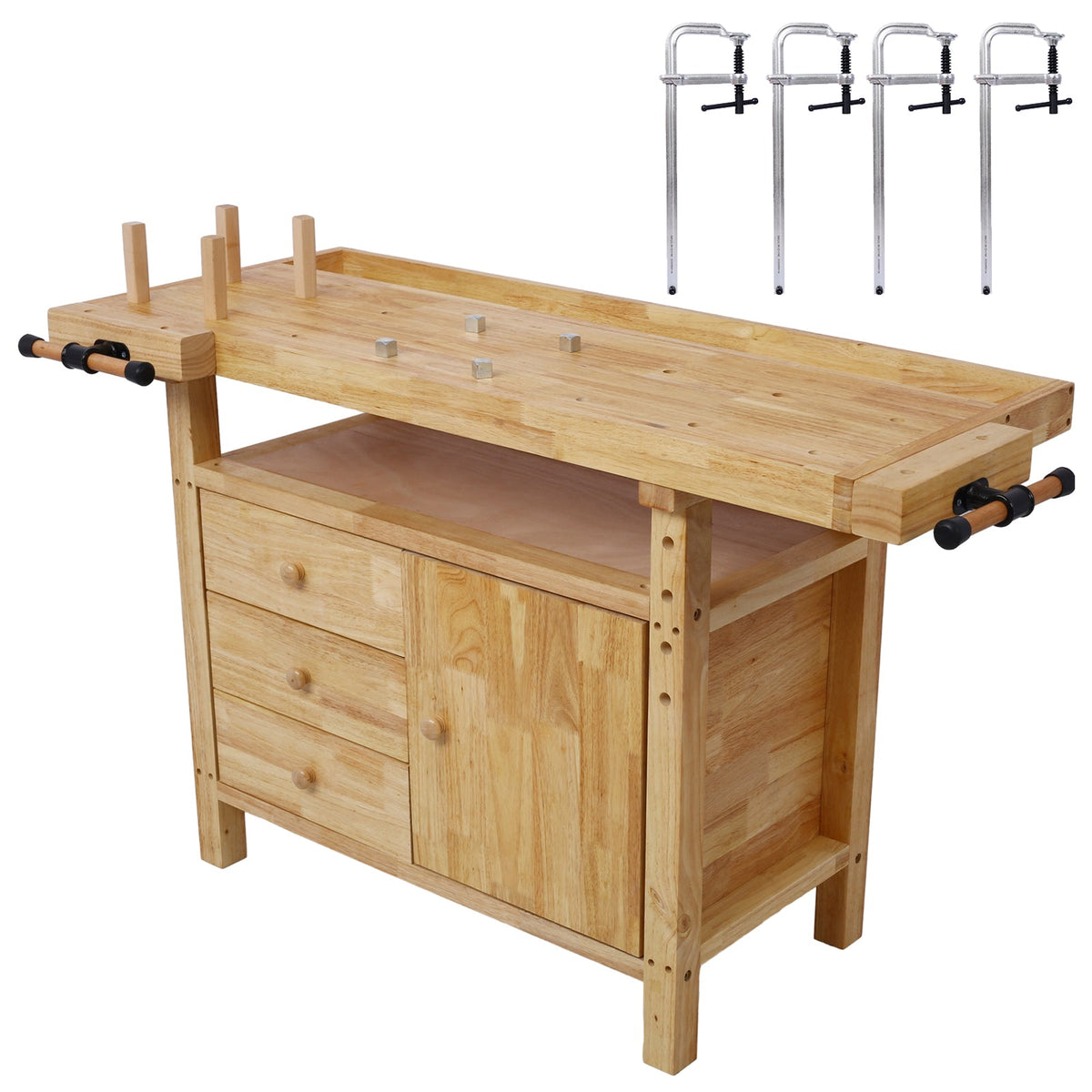 Wood Workbench with 4 Bar Clamps - Rubberwood - Garage & Home