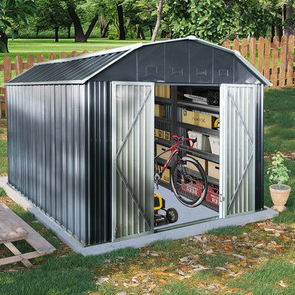 Outdoor Metal Storage Shed with Lockable Doors - Black