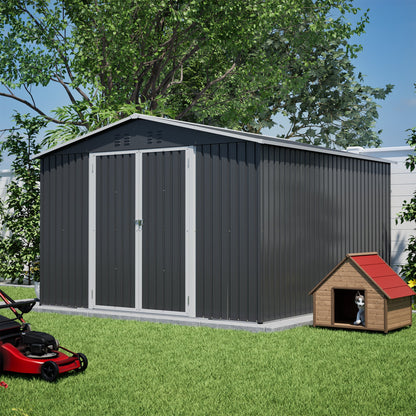 10x10 FT Metal Outdoor Storage Shed with Lockable Double Doors - Black