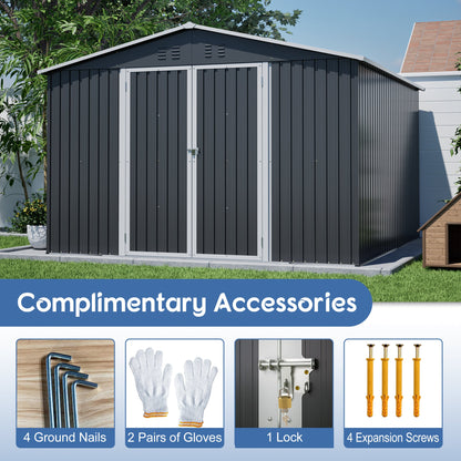 10x10 FT Metal Outdoor Storage Shed with Lockable Double Doors - Black