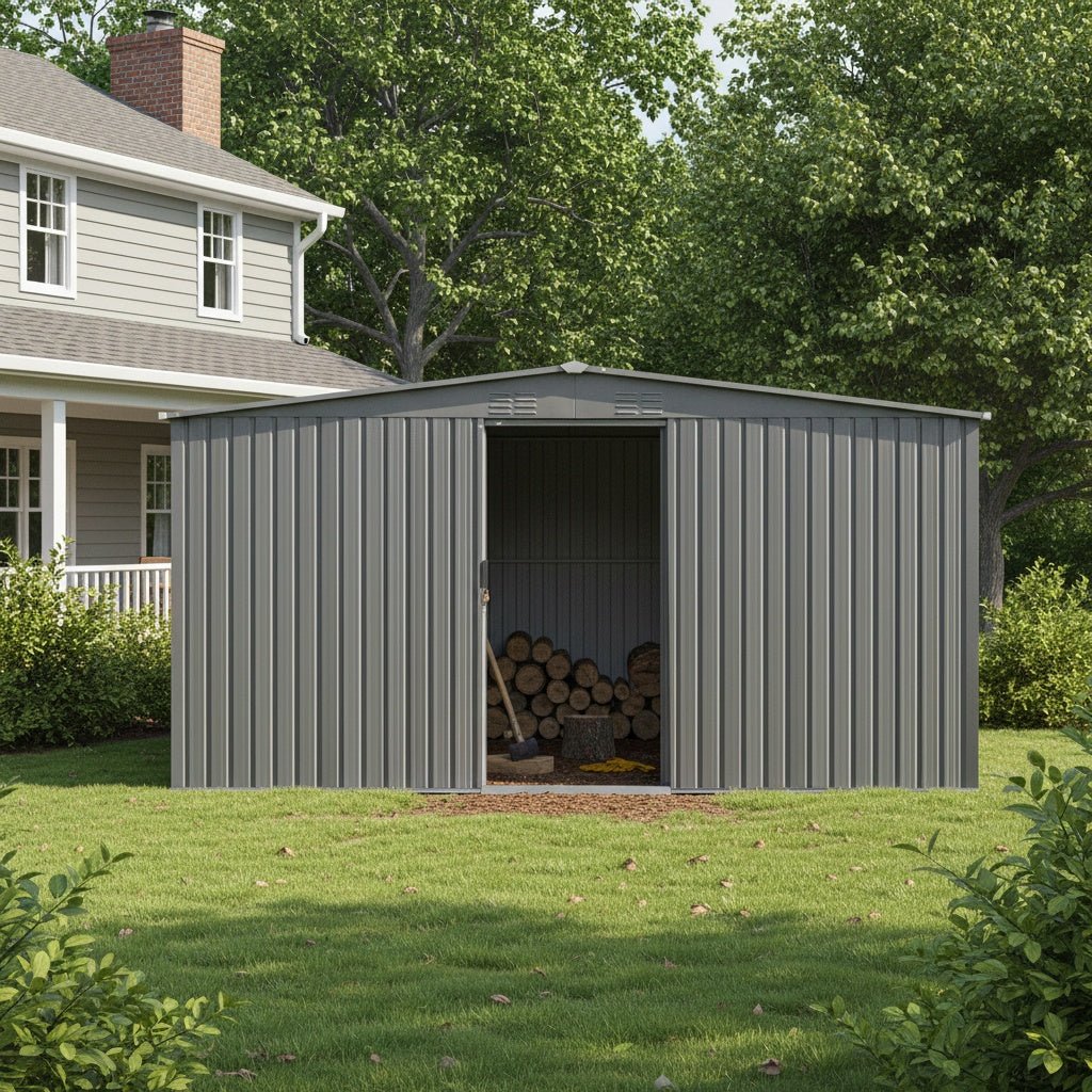 13x11ft Metal Outdoor Storage Shed with Ventilation - Grey