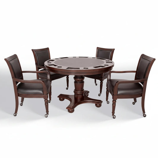 Bridgeport 2 in 1 round Poker Table and Chairs Set for Dining & Game Rooms – Furniture Grade Hardwood, Sturdy Pedestal Legs, Drink Holders, Chip Slots – Includes 4 Poker Table Chairs - Walnut