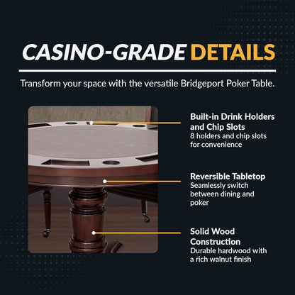 Bridgeport 2 in 1 round Poker Table and Chairs Set for Dining & Game Rooms – Furniture Grade Hardwood, Sturdy Pedestal Legs, Drink Holders, Chip Slots – Includes 4 Poker Table Chairs - Walnut — product view 2