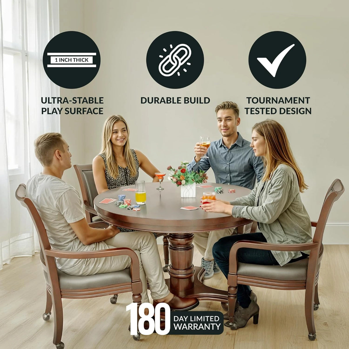 Bridgeport 2 in 1 round Poker Table and Chairs Set for Dining & Game Rooms – Furniture Grade Hardwood, Sturdy Pedestal Legs, Drink Holders, Chip Slots – Includes 4 Poker Table Chairs - Walnut — product view 3