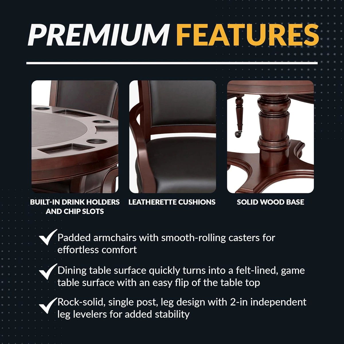 Bridgeport 2 in 1 round Poker Table and Chairs Set for Dining & Game Rooms – Furniture Grade Hardwood, Sturdy Pedestal Legs, Drink Holders, Chip Slots – Includes 4 Poker Table Chairs - Walnut — product view 4