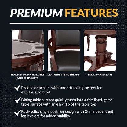 Bridgeport 2 in 1 round Poker Table and Chairs Set for Dining & Game Rooms – Furniture Grade Hardwood, Sturdy Pedestal Legs, Drink Holders, Chip Slots – Includes 4 Poker Table Chairs - Walnut — product view 4
