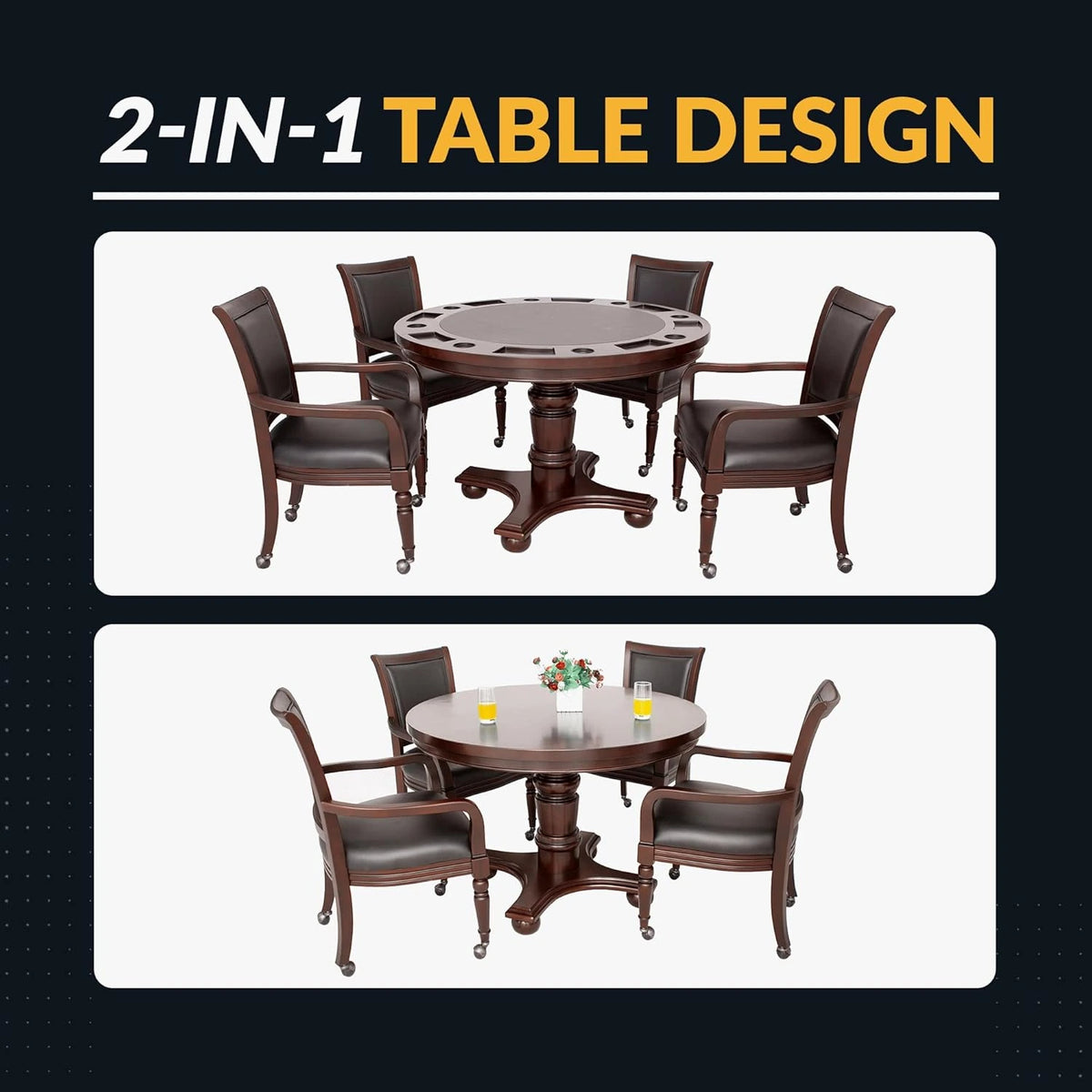Bridgeport 2 in 1 round Poker Table and Chairs Set for Dining & Game Rooms – Furniture Grade Hardwood, Sturdy Pedestal Legs, Drink Holders, Chip Slots – Includes 4 Poker Table Chairs - Walnut — product view 5
