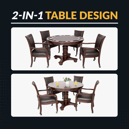 Bridgeport 2 in 1 round Poker Table and Chairs Set for Dining & Game Rooms – Furniture Grade Hardwood, Sturdy Pedestal Legs, Drink Holders, Chip Slots – Includes 4 Poker Table Chairs - Walnut — product view 5