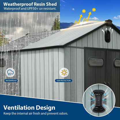 8x16Ft Resin Outdoor Storage Shed with Carpet – Weatherproof, Gray