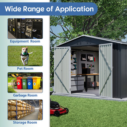 10x10 FT Metal Outdoor Storage Shed with Lockable Double Doors - Black